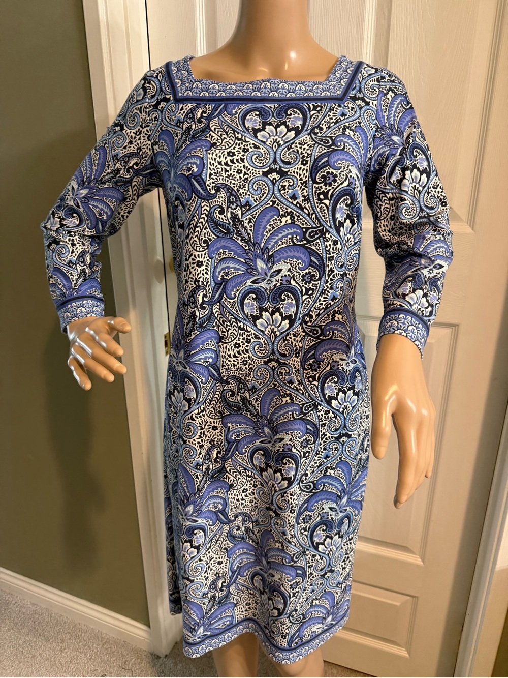 Talbots Career Midi Dress Size XS Square Neckline Blue & White Floral